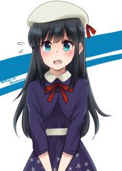 Rule 34 | 1girl, alternate costume, asashio (kancolle), beret, black dress, black hair, blazer, blue eyes, blue jacket, commentary request, cowboy shot, dated, dress, flying sweatdrops, hat, highres, jacket, johssnny, kantai collection, long hair, looking at viewer, neck ribbon, one-hour drawing challenge, open mouth, own hands together, red ribbon, ribbon, solo, star (symbol), star print, twitter username, two-tone background, white hat
