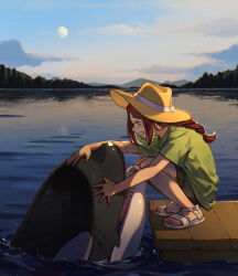 Rule 34 | 1girl, animal, black shorts, brown hair, check commentary, cloud, commentary request, dock, evening, from side, full moon, green shirt, hat, hi-fi (fijazzy), highres, long hair, moon, open mouth, orange hat, orca, original, outdoors, profile, sandals, sharp teeth, shirt, shorts, sky, solo, sports sandals, squatting, sun hat, teeth, water, white footwear