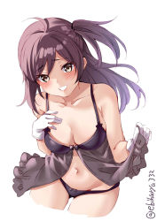 Rule 34 | 1girl, ahoge, babydoll, black bra, black panties, blush, bra, breasts, cleavage, collarbone, cropped legs, ebifurya, gloves, groin, hagikaze (kancolle), highres, kantai collection, lace, lace-trimmed bra, lace trim, lingerie, long hair, looking at viewer, medium breasts, navel, one side up, open mouth, panties, purple hair, simple background, smile, solo, twitter username, underwear, white background, white gloves, yellow eyes