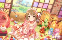 Rule 34 | 1girl, artist request, ball, blush, bow, breasts, brown eyes, brown hair, check artist, choker, cleavage, collarbone, day, floral print, flower, food, frills, grass, hair flower, hair ornament, hairband, idolmaster, idolmaster cinderella girls, idolmaster cinderella girls starlight stage, indoors, kadomatsu, looking at viewer, medium breasts, mimura kanako, new year, no shoes, official art, on floor, origami, paper crane, sekina, short hair, sitting, smile, solo, sunlight, sweets, tatami, thighhighs, too many, too many frills, umbrella, white thighhighs