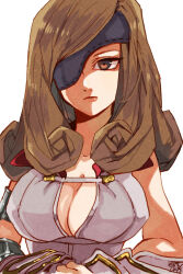 Rule 34 | 1girl, armlet, bare shoulders, beatrix (ff9), breasts, brown eyes, brown hair, cleavage, closed mouth, curly hair, eyepatch, final fantasy, final fantasy ix, jacket, large breasts, long hair, one eye covered, serieru (summertosuika), sleeveless, sleeveless jacket, solo, swept bangs, upper body, white background, white jacket