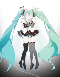 Rule 34 | 2girls, absurdres, black thighhighs, closed mouth, drawing kanon, green hair, hatsune miku, highres, holding hands, layered sleeves, multiple girls, thighhighs, twintails, vocaloid