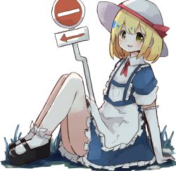 Rule 34 | 1girl, apron, arm support, azana, black footwear, blonde hair, blue dress, bow, bow legwear, collared dress, dress, elbow gloves, frilled apron, frilled dress, frills, full body, gloves, happy, hat, hat ribbon, kana anaberal, looking at viewer, mary janes, open mouth, puffy short sleeves, puffy sleeves, red ribbon, ribbon, road sign, shoes, short hair, short sleeves, sign, sitting, sun hat, touhou, touhou (pc-98), white apron, white bow, white gloves, white hat, white legwear, yellow eyes