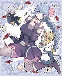 Rule 34 | 1boy, 1girl, 1other, aosugi maru, arm up, bare shoulders, black dress, black footwear, black pants, blue eyes, blue hair, boots, braid, breasts, card, chibi, cleavage, closed mouth, club (shape), coat, commentary request, desuhiko thunderbolt, diamond (shape), dress, ear piercing, flower, fubuki clockford, full body, glasses, grey coat, grey hair, hair between eyes, hair flower, hair ornament, halara nightmare, hand up, heart, highres, holding, hood, hood down, hooded coat, hoodie, jewelry, knee boots, long hair, long sleeves, looking at viewer, master detective archives: rain code, medium breasts, necklace, pants, piercing, pink-framed eyewear, pink eyes, pink flower, pink shorts, playing card, pouch, salute, semi-rimless eyewear, short dress, short hair, shorts, shoulder tattoo, single braid, sitting, smile, solo focus, spade (shape), symbol in eye, tattoo, twitter username, two-finger salute, very long hair, wariza, yellow hoodie