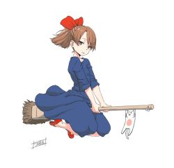 Rule 34 | 10s, 1980s (style), black dress, bow, broom, broom riding, brown eyes, brown hair, cat, commentary request, cosplay, dress, hair bow, kantai collection, kiki (majo no takkyuubin), kiki (majo no takkyuubin) (cosplay), looking at viewer, majo no takkyuubin, minazuki tsuyuha, oldschool, parted bangs, ponytail, red footwear, retro artstyle, shikinami (kancolle), shoes