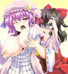 Rule 34 | 2girls, anger vein, blush, bow, breast envy, grabbing another&#039;s breast, breast lift, breasts, brown hair, crescent, detached sleeves, grabbing, grabbing from behind, hair bow, hair tubes, hakurei reimu, hat, highres, large breasts, long hair, multiple girls, nipples, open mouth, pamunosu, patchouli knowledge, purple eyes, purple hair, shaded face, tears, touhou, wince, yuri