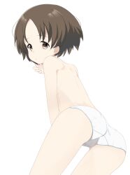 1girl ass brown_eyes brown_hair crotch girls_und_panzer looking_at_viewer looking_back maruyama_saki open_mouth panties short_hair shoulder_blades simple_background solo topless underwear white_background white_panties whitemaiden