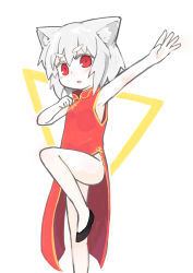 Rule 34 | 1girl, :o, absurdres, alternate costume, animal ear fluff, animal ears, arm up, bare arms, bare shoulders, black footwear, blush, china dress, chinese clothes, dress, hair between eyes, hand up, highres, inubashiri momiji, kibisake, looking at viewer, outstretched arm, parted lips, red dress, red eyes, shoes, silver hair, sleeveless, sleeveless dress, solo, standing, standing on one leg, thick eyebrows, touhou, two-tone background, white background, wolf ears, yellow background