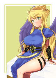 Rule 34 | 1girl, blonde hair, breasts, breath of fire, breath of fire ii, bridal gauntlets, closed mouth, dress, feathered wings, green eyes, large breasts, long hair, looking at viewer, nina (breath of fire ii), purple wings, side slit, simple background, solo, wings, zanku