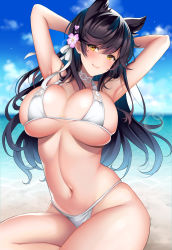 Rule 34 | 1girl, animal ears, armpits, arms behind head, arms up, atago (azur lane), atago (summer march) (azur lane), atago (summer march) (azur lane), azur lane, bare shoulders, beach, bikini, black hair, blue sky, blush, breasts, choker, cleavage, closed mouth, cloud, collarbone, commentary request, cowboy shot, day, dog ears, extra ears, flower, groin, hair between eyes, hair flower, hair ornament, hair ribbon, head tilt, highleg, highleg bikini, highres, large breasts, long hair, looking at viewer, mole, mole under eye, navel, ocean, outdoors, partial commentary, ribbon, shadow, sidelocks, sitting, sky, smile, solo, stomach, swept bangs, swimsuit, underboob, white bikini, white choker, white ribbon, yellow eyes, yukinimaru