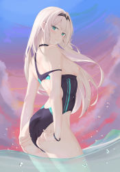 Rule 34 | 1girl, an-94 (girls&#039; frontline), aqua eyes, ass, bare arms, bare shoulders, barefoot, black hairband, black one-piece swimsuit, blush, breasts, closed mouth, clothes pull, cloud, cloudy sky, commentary request, competition swimsuit, cowboy shot, day, eyelashes, fingernails, from side, girls&#039; frontline, hairband, heart, heart-shaped pupils, highleg, highleg swimsuit, highres, legs together, long hair, looking at viewer, looking back, nail polish, nipples, one-piece swimsuit, one-piece swimsuit pull, outdoors, pink nails, pulling own clothes, ru zhai, sidelocks, silver hair, sky, small breasts, solo, standing, swimsuit, symbol-shaped pupils, wading, water drop, wet, wristband