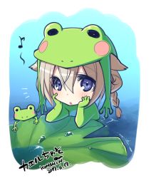 Rule 34 | 1girl, :o, animal costume, animal ears, blonde hair, blue eyes, blush, braid, chibi, commentary request, dated, frog, frog costume, hair between eyes, konshin, leaf, lily pad, looking at viewer, mini person, minigirl, musical note, notice lines, original, parted lips, partially submerged, purple eyes, signature, solo, water