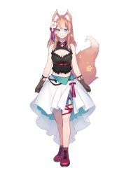 Rule 34 | 1girl, animal ear fluff, animal ears, black gloves, breasts, cleavage, cleavage cutout, clothing cutout, eyebrows hidden by hair, flower, gloves, green eyes, hair flower, hair ornament, highres, hizuki rurufu, long hair, medium breasts, navel, nilitsu, official art, second-party source, shirt, skirt, sleeveless, sleeveless shirt, smile, snack nili, solo, tail, virtual youtuber, white background, white flower, white shirt, white skirt, wolf ears, wolf girl, wolf tail, yellow flower