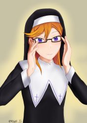 Rule 34 | 1girl, absurdres, black-framed eyewear, closed mouth, commentary, english commentary, glasses, hands up, highres, incredibly absurdres, love live!, love live! superstar!!, md5 mismatch, nun, orange hair, pure girl, purple eyes, resolution mismatch, roswell ss, self-upload, semi-rimless eyewear, shibuya kanon, smile, solo, source smaller, traditional nun, twitter username, under-rim eyewear