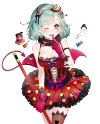 Rule 34 | 1girl, ;p, aqua hair, armband, bang dream!, black hat, black ribbon, black thighhighs, blush, bow, bowtie, bracelet, breasts, candy, cleavage, clothing cutout, cowboy shot, cross-laced clothes, crown, demon horns, demon tail, demon wings, dress, earrings, finger to mouth, food, fur collar, ghost, gloves, green eyes, hair ribbon, hairband, halloween, halloween costume, hat, heart, heart earrings, highres, hikawa hina, holding, holding staff, horns, jack-o&#039;-lantern, jewelry, lock, lollipop, looking at viewer, medium breasts, mini crown, navel, navel cutout, one eye closed, padlock, pink gloves, pink ribbon, polka dot, polka dot dress, puckjjick (belbesi19), purple bow, purple bowtie, red dress, ribbon, short hair, simple background, solo, staff, star (symbol), tail, thighhighs, tongue, tongue out, top hat, white background, wings, witch hat