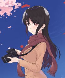 Rule 34 | 1girl, black hair, blazer, blue background, blue sky, brown eyes, brown jacket, brown scarf, camera, closed mouth, commentary, day, fringe trim, highres, holding, holding camera, jacket, kimi tsuru, light frown, long hair, long sleeves, looking at viewer, original, outdoors, scarf, single-lens reflex camera, sky, solo, standing, upper body