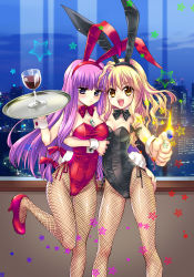 Rule 34 | 2girls, :d, alcohol, animal ears, between breasts, blonde hair, blush, bow, bowtie, breast hold, breasts, brown eyes, chalice, cityscape, cleavage, cup, detached collar, female focus, fishnet pantyhose, fishnets, frown, hand on own ass, high heels, hug, kirisame marisa, leotard, lighter, long hair, medium breasts, multiple girls, open mouth, pantyhose, patchouli knowledge, playboy bunny, purple eyes, purple hair, rabbit ears, sato-pon, shoes, smile, standing, standing on one leg, star (symbol), thigh gap, touhou, tray, wine, wrist cuffs, yellow eyes