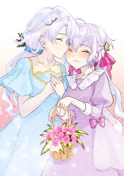 Rule 34 | 2girls, absurdres, age difference, axia-chan, basket, blue dress, blush, closed eyes, dress, flower, grey hair, hair ribbon, highres, holding, holding basket, jewelry, kiss, long hair, long sleeves, mother&#039;s day, mother and daughter, multiple girls, purple dress, purple ribbon, ribbon, ring, senki zesshou symphogear, short sleeves, sonnet m. yukine, twintails, wedding ring, yukine chris