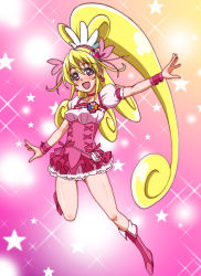 Rule 34 | 1girl, :d, aida mana, blonde hair, boots, bow, choker, color connection, corset, cosplay, cure heart, cure peach, cure peach (cosplay), curly hair, dokidoki! precure, dot (poni taoyaka), earrings, eyelashes, fresh precure!, full body, gradient background, hair ornament, hairpin, half updo, heart, heart hair ornament, highres, jewelry, knee boots, long hair, look-alike, magical girl, open mouth, outstretched arm, pink background, pink bow, pink eyes, pink footwear, pink theme, ponytail, precure, puffy sleeves, skirt, smile, solo, sparkle, star (symbol), wrist cuffs, yellow background