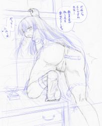 Rule 34 | 1girl, anal, anal beads, anal object insertion, anus, ass, bent over, bobby socks, desk, female focus, female pubic hair, hat, unworn hat, unworn headwear, kamishirasawa keine, kasuga yukihito, long hair, monochrome, object insertion, on table, panties, panties around leg, pubic hair, pussy, school desk, sex toy, sketch, socks, solo, table, tongue, tongue out, touhou, translation request, uncensored, underwear
