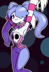 Rule 34 | 1girl, armpits, blue skin, breasts, colored skin, detached collar, detached sleeves, dress, hair over one eye, inarou (rakugakiproject), skull, skullgirls, smile, squigly (skullgirls), stitched mouth, stitches, twintails, zombie
