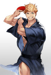 Rule 34 | 1boy, abs, bara, blonde hair, collarbone, cowboy shot, granblue fantasy, green hair, holding, japanese clothes, kimono, looking to the side, male focus, official style, paddle, pectorals, revealing clothes, smile, solo, standing, table tennis, table tennis paddle, teeth, thighs, tsudoo, upper body, vane (granblue fantasy), white background, yukata