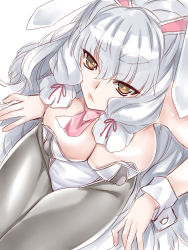 Rule 34 | 1girl, adapted costume, alternate breast size, breasts, bunny day, cleavage, covered erect nipples, grey hair, hakkai, highres, jewelry, kantai collection, large breasts, lips, long hair, murakumo (kancolle), murakumo kai ni (kancolle), aged up, orange eyes, pantyhose, ring, solo, thick eyebrows, very long hair, wedding band, wrist cuffs