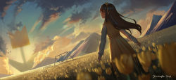 Rule 34 | 1girl, bad id, bad pixiv id, blue sky, blush, bow, brown eyes, brown hair, closed mouth, cloud, cloudy sky, commentary request, copyright request, devotion, dress, du meishin, dutch angle, field, flower, flower field, hair between eyes, hair bow, hairband, long hair, long sleeves, looking afar, looking away, mountain, outdoors, oversized object, profile, puffy long sleeves, puffy sleeves, shirt, signature, sky, sleeveless, sleeveless dress, sleeves past wrists, solo, sunset, very long hair, white shirt, yellow bow, yellow dress, yellow flower, yellow hairband, yurichtofen
