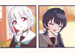 2girls :d :o ^_^ aqua_neckerchief black_choker black_hair blue_hair blue_ribbon blush bob_cut brown_cardigan brown_dress cardigan choker closed_eyes colored_inner_hair commentary_request diagonal_bangs dollchestra dress hair_ornament hair_ribbon hasu_no_sora_school_uniform inverted_bob link!_like!_love_live! long_hair love_live! low_twintails magu_(cv_mgmgcup) mole mole_on_neck multicolored_hair multiple_girls murano_sayaka neckerchief o-ring o-ring_choker open_cardigan open_clothes open_mouth outdoors red_eyes red_hair red_neckerchief ribbon sailor_collar sailor_dress school_uniform short_hair smile star_(symbol) star_hair_ornament streaked_hair twintails virtual_youtuber white_hair white_sailor_collar winter_uniform yugiri_tsuzuri