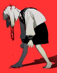 Rule 34 | 1girl, absurdres, barefoot, black sailor collar, black skirt, blending, blood, blood on clothes, blood on face, bob cut, body horror, colored skin, commentary request, covered mouth, dripping, from side, full body, grey skin, guro, highres, hunched over, legs apart, long sleeves, neckerchief, numata zombie, original, profile, red background, red neckerchief, sailor collar, school uniform, serafuku, shadow, shirt, short hair, simple background, skirt, solo, tentacles, veins, white hair, white shirt, wide-eyed