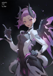 Rule 34 | 1girl, absurdres, ahoge, armor, backlighting, black background, blue hair, bodysuit, breasts, character name, copyright name, cowboy shot, demon horns, emblem, facial mark, faulds, forehead mark, glowing, glowing wings, gradient background, grey background, hand on own hip, highres, horns, imp mercy, inariya (verawong1104), index finger raised, light particles, lipstick, looking at viewer, makeup, mechanical wings, medium breasts, mercy (overwatch), official alternate costume, overwatch, overwatch 1, parted lips, patch, ponytail, purple eyes, purple hair, purple lips, purple wings, signature, smile, solo, tail, wings