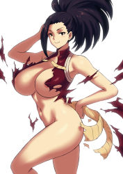 Rule 34 | 10s, 1girl, akihoyy, areola slip, black eyes, black hair, boku no hero academia, breasts, curvy, hand on own hip, highres, huge breasts, leotard, navel, ponytail, smile, solo, thick thighs, thighs, torn clothes, torn leotard, white background, yaoyorozu momo