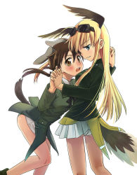 Rule 34 | 2girls, animal ears, ass, bad id, bad pixiv id, blonde hair, blue eyes, brown eyes, brown hair, gertrud barkhorn, hanna-justina marseille, head wings, highres, holding hands, long hair, multiple girls, niina ryou, panties, short hair, skirt, strike witches, tail, underwear, wings, witches of africa, world witches series