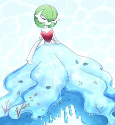 Rule 34 | 1girl, blue background, blush, colored skin, coral, creatures (company), closed eyes, female focus, fish, full body, game freak, gardevoir, gen 3 pokemon, green hair, happy, highres, knees together feet apart, light blush, mega gardevoir, mega pokemon, muguet, nintendo, pokemon, pokemon (creature), see-through, short hair, simple background, smile, solo, thigh gap, water, white skin