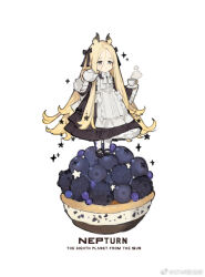 Rule 34 | 1girl, apron, arms up, black bow, black dress, black footwear, blackberry (fruit), blonde hair, blueberry, blush, bow, cup, dress, food, fruit, hair bow, holding, holding cup, holding teapot, long hair, looking ahead, maid, maid apron, original, planet, purple eyes, shoes, star (symbol), starshadowmagician, steam, teacup, teapot, very long hair, white background, white bow