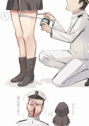 Rule 34 | 1boy, 1girl, admiral (kancolle), blood, blood on face, bruise, bruise on face, hat, injury, kantai collection, measuring, one-hour drawing challenge, peaked cap, shinshuu maru (kancolle), tape measure, thick thighs, thighs, yamashichi (mtseven)