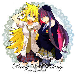 Rule 34 | 10s, 2girls, bad id, bad pixiv id, beret, blonde hair, blowing bubbles, chewing gum, hat, lowres, multicolored hair, multiple girls, necktie, panty &amp; stocking with garterbelt, panty (psg), school uniform, siblings, sisters, stocking (psg), tank2109, two-tone hair