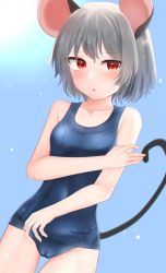 Rule 34 | 1girl, alternate costume, animal ears, blue one-piece swimsuit, blush, breasts, commentary request, cowboy shot, dakuazu, dutch angle, grey hair, highres, looking at viewer, mouse ears, mouse girl, mouse tail, nazrin, one-piece swimsuit, open mouth, red eyes, short hair, small breasts, solo, swimsuit, tail, touhou
