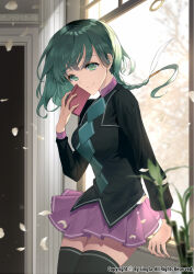 Rule 34 | 1girl, argyle, argyle clothes, argyle shirt, arm support, bamboo, black jacket, black shirt, black thighhighs, blurry, book, braid, carchet, closed mouth, copyright notice, cowboy shot, cropped jacket, depth of field, falling petals, green eyes, green hair, holding, holding book, indoors, jacket, leaning back, long hair, long sleeves, looking at viewer, official art, petals, pleated skirt, purple skirt, shirt, sid story, single braid, skirt, smile, solo, standing, thighhighs, tree, window, wispy bangs