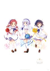 Rule 34 | 3girls, :d, ;q, absurdres, anko (gochiusa), arms behind back, artist name, black hair, blue eyes, blue flower, blue neckwear, blue ribbon, blue rose, bouquet, brown eyes, brown footwear, dress, drill hair, floating hair, flower, full body, gochuumon wa usagi desu ka?, hair ornament, hat, highres, holding, holding bouquet, jouga maya, kafuu chino, kneehighs, koi (koisan), loafers, long hair, looking at viewer, multiple girls, natsu megumi, official art, one eye closed, open mouth, red eyes, red flower, red hair, red ribbon, ribbon, rose, sailor collar, sailor dress, shoes, short dress, short hair, silver hair, skirt hold, smile, socks, sunflower, tippy (gochiusa), tongue, tongue out, twin drills, twintails, two side up, very long hair, white dress, white headwear, white legwear, white sailor collar, wild geese, x hair ornament, yellow flower, yellow ribbon