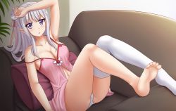 Rule 34 | 1girl, arm up, armpits, ass, asymmetrical legwear, babydoll, bare arms, bare shoulders, barefoot, blush, breasts, cameltoe, cleavage, collarbone, commentary, couch, emilia (re:zero), feet, female focus, flower, hair flower, hair ornament, highres, kazenokaze, long hair, looking at viewer, lying, medium breasts, navel, no shoes, on back, on couch, panties, parted lips, pillow, pink babydoll, pink ribbon, pointy ears, purple eyes, re:zero kara hajimeru isekai seikatsu, ribbon, rose, silver hair, single thighhigh, soles, solo, strap slip, sweat, thighhighs, toenails, toes, underwear, underwear only, uneven legwear, white flower, white panties, white rose, white thighhighs