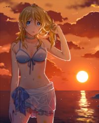 10s 1girl adjusting_hair ayase_eli backlighting bikini blonde_hair blue_eyes breasts bshi_edayo choker cleavage cloud cowboy_shot female_focus front-tie_bikini_top front-tie_top hair_down jewelry long_hair looking_at_viewer love_live! love_live!_school_idol_festival love_live!_school_idol_project nail_polish navel outdoors parted_lips reflection sky solo summer sun sunset swimsuit tattoo water wet