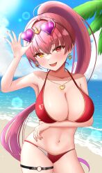 Rule 34 | 1girl, absurdres, bare shoulders, bikini, blush, breasts, cleavage, collarbone, day, earrings, eyewear on head, fang, halterneck, heart, heart-shaped eyewear, heart earrings, heart necklace, heterochromia, highres, hololive, houshou marine, houshou marine (summer), jewelry, large breasts, long hair, looking at viewer, navel, necklace, o-ring, o-ring thigh strap, official alternate costume, open mouth, ponytail, red bikini, red eyes, red hair, smile, string bikini, swimsuit, thigh strap, very long hair, virtual youtuber, yellow eyes, zakitaku8311