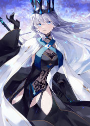 Rule 34 | 1girl, absurdres, black bow, black dress, black gloves, blue eyes, bow, braid, breasts, cleavage, crown, dress, fate/grand order, fate (series), french braid, gloves, grey hair, hair bow, highres, large breasts, long hair, long sleeves, misaki346, morgan le fay (fate), morgan le fay (queen of winter) (fate), pelvic curtain, ponytail, sidelocks, solo, staff, thighs, two-tone dress, veil, very long hair, white dress, wide sleeves