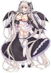 Rule 34 | 1girl, absurdly long hair, azur lane, between breasts, black bow, black dress, bow, breasts, breasts out, cleavage, closed mouth, clothing cutout, detached collar, dress, earrings, flight deck, formidable (azur lane), frilled dress, frills, frown, full body, garter straps, hair bow, hand on own chest, highres, jewelry, large breasts, long hair, long sleeves, looking at viewer, navel, nipples, no pussy, red eyes, rinringyo, shoes, shoulder cutout, silver hair, solo, standing, thighhighs, torn clothes, torn dress, torn thighhighs, transparent background, twintails, very long hair, white thighhighs