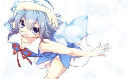 Rule 34 | 1girl, blue eyes, blue hair, cirno, collarbone, fang, haruyonoto, highres, ice, ice wings, matching hair/eyes, snowflakes, solo, touhou, wings
