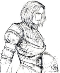 Rule 34 | 1girl, armor, breastplate, demon&#039;s souls, female focus, from software, greyscale, ikeda masateru, monochrome, realistic, selen vinland, short hair, simple background, sketch, solo, upper body, white background