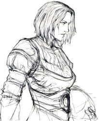 Rule 34 | 1girl, armor, breastplate, demon&#039;s souls, female focus, fromsoftware, greyscale, ikeda masateru, monochrome, realistic, selen vinland, short hair, simple background, sketch, solo, upper body, white background