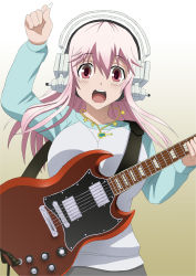 Rule 34 | 1girl, blush, breasts, derivative work, electric guitar, gibson sg, guitar, headphones, highres, instrument, large breasts, long hair, looking at viewer, music, nagi kurage, nitroplus, open mouth, pink hair, playing instrument, red eyes, solo, super sonico