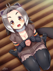 Rule 34 | 10s, 1girl, :d, american beaver (kemono friends), animal ears, antenna hair, bare shoulders, beaver ears, beaver tail, bikini, bikini top only, black pantyhose, blush, breasts, brown eyes, cleavage, elbow gloves, eyebrows, feet, from above, fur collar, gloves, grey hair, hair ornament, hairclip, highres, jacket, kemono friends, looking at viewer, medium breasts, multicolored hair, navel, open clothes, open jacket, open mouth, pantyhose, seiza, shorts, sitting, sleeveless, smile, solo, swimsuit, tail, two-tone hair, yuki kawachi
